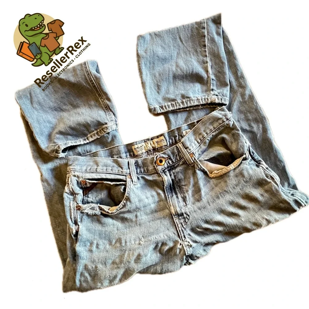 ARIAT Mens Relaxed Straight‎ Leg Light Wash Distressed Denim Jeans Size 33x34